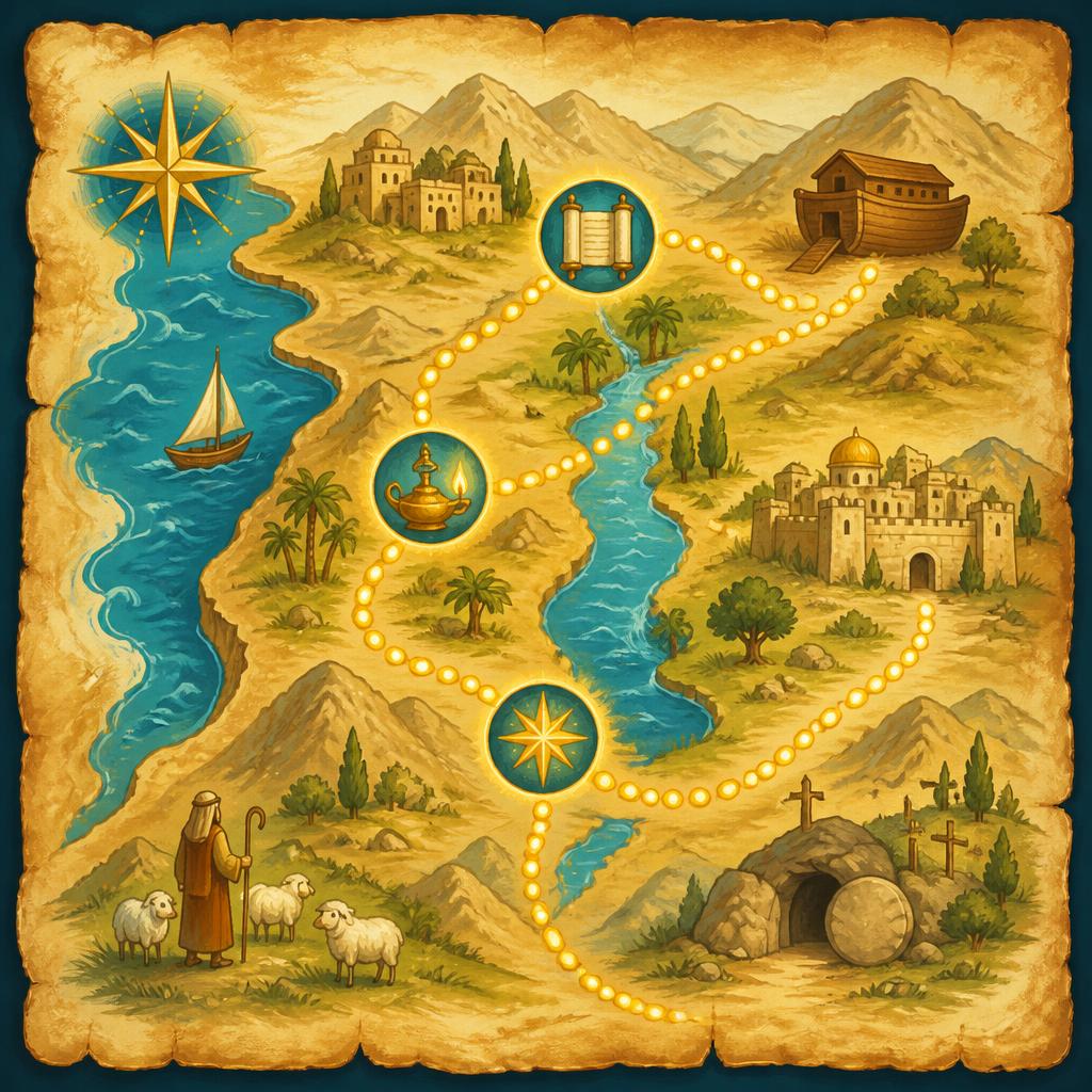 Mapa ilustrado da jornada bíblica com caminhos dourados, arca, lamparina e estrela